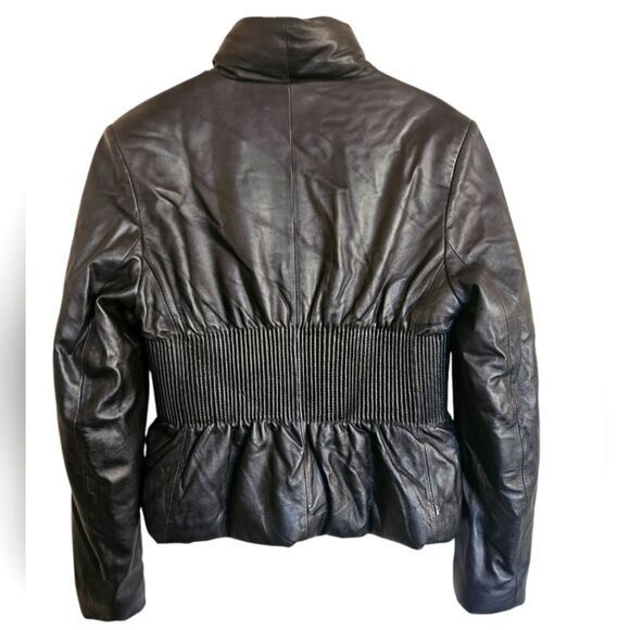 Identify Black Leather Cinched Waist Zip-Up Moto Jacket Size L - Picture 2 of 10